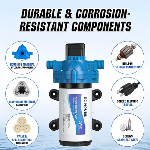 On Demand 110V RV Water Pump Diaphragm, 4 GPM 50 PSI Fresh Water Pump with Pressure Switch and durability features