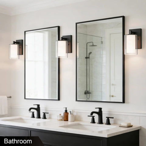 Modern Matte Black Wall Sconces Set Of Two Double Clear Glass Vanity Lights With Upward Downward Mounting For Bathroom Bedroom Decor above mirrors