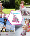 Girls wearing Adjustable Inline Skates For Girls With Illuminating Front Wheels Built For Cool Easy Learning Ride Comfortable And Durable Rollerblades For Beginners And Intermediate Riders in various outdoor settings.