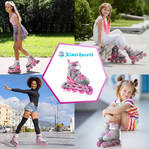 Girls wearing Adjustable Inline Skates For Girls With Illuminating Front Wheels Built For Cool Easy Learning Ride Comfortable And Durable Rollerblades For Beginners And Intermediate Riders in various outdoor settings.