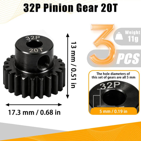 20T 32P Pinion Gear Set Pro Grade For One Tenth Scale RC Cars With 5mm Bore Black Oxide 45 Steel And 0.03mm Tolerance Three Pack