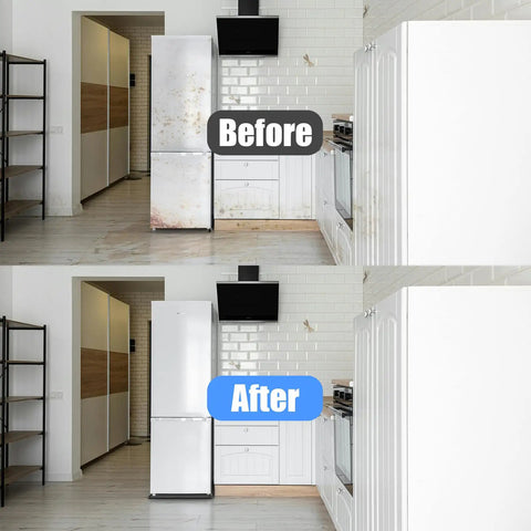 Before and after image of a kitchen with a cleaned refrigerator, showing the effect of cleaning products.