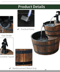 Go-To Wood Freestanding Two Tier Waterfall Barrel Fountain With Electric Pump For Garden Decor, showing practical pump and decorative faucet