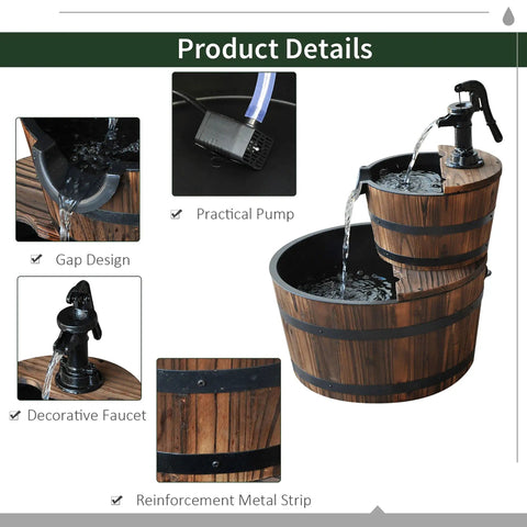 Go-To Wood Freestanding Two Tier Waterfall Barrel Fountain With Electric Pump For Garden Decor, showing practical pump and decorative faucet