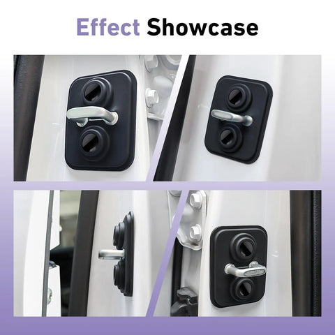 Silicone Car Door Strike Protectors Four Pack Heavy Duty Shock Absorbing Latch Covers To Quiet The Slam And Block Vibration Universal Fit For Your Daily Driver Ride Black showcased on vehicle door latches.