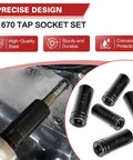 Five Piece Heavy Duty Tap Socket Set Fits 5/8 To 1 Inch Taps shown with steel construction, compatible with tight spaces.