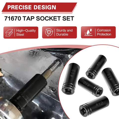 Five Piece Heavy Duty Tap Socket Set Fits 5/8 To 1 Inch Taps shown with steel construction, compatible with tight spaces.