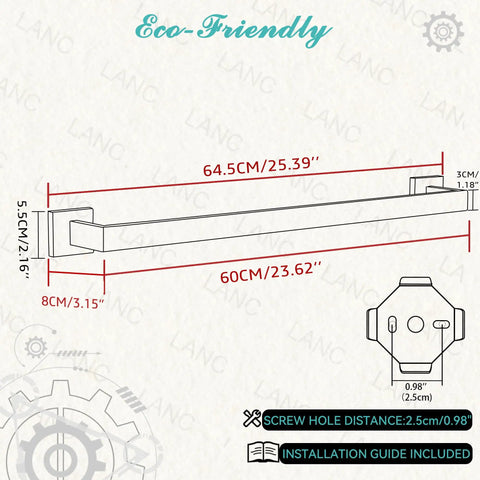 Diagram of 2 Pack Matte Black 24 Inch Stainless Steel Bathroom Towel Bar Set with measurements and installation guide.