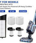 Vertex Pro Powered Lift Away Cordless Vacuum Replacement Filter Kit displayed with vacuum and compatible model numbers.