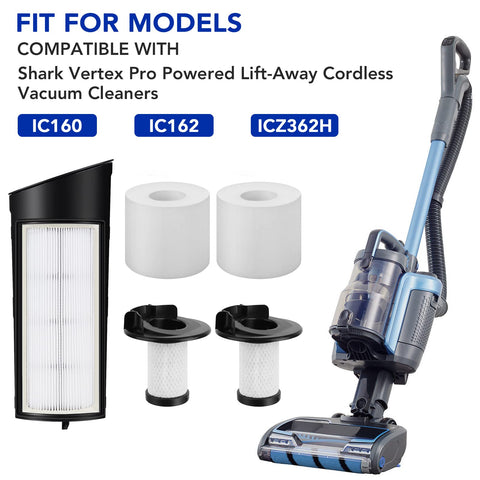 Vertex Pro Powered Lift Away Cordless Vacuum Replacement Filter Kit displayed with vacuum and compatible model numbers.