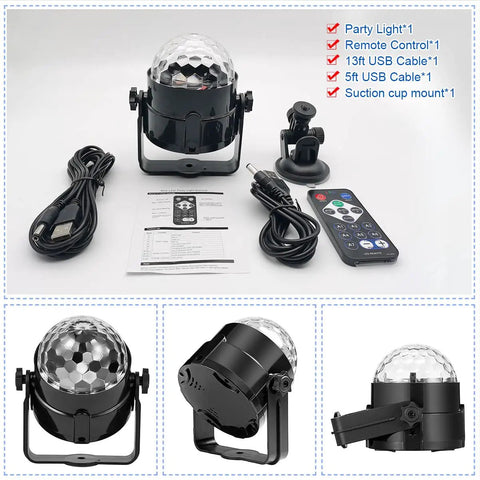 Sound Activated DJ Light With Colorful LED Strobe Beams, USB cables, remote, and suction cup for indoor and outdoor parties