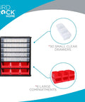 36 Drawer Craft Organizer Bin Heavy Duty Metal Hardware Storage For Nails Nuts Bolts Legos And Small Parts Versatile Parts Bin Organizer With Mini And Large Drawers For Home Workshop Garage, showing organizer with 30 small clear drawers and 6 large red compartments.