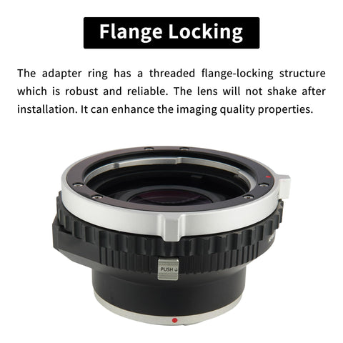 Close-up of 0.71x Focal Reducer Speed Booster Lens Mount Adapter From Pentax 645 To Leica Or Panasonic L Mount Cameras showing flange lock.