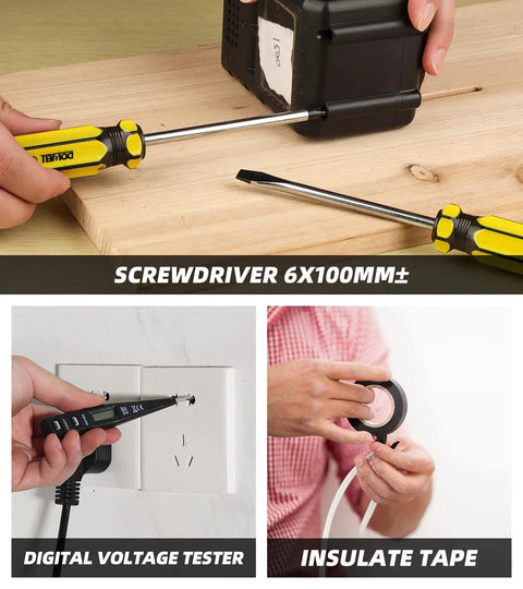 Compact 9 Piece Homeowner Tool Set With Grab And Go Portable Plastic Storage Case for Easy DIY Repairs shown with screwdriver, voltage tester, and insulate tape.