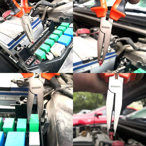 Premium Automotive Fuse Puller And Relay Extractor Tool With Insulated Handles removing fuses from a vehicle's fuse box.