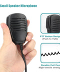 Compact Speaker Microphone With 2 Pin Screw Down Connector And 3 5mm Audio Jack held in hand showing PTT button and cord