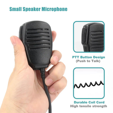 Compact Speaker Microphone With 2 Pin Screw Down Connector And 3 5mm Audio Jack held in hand showing PTT button and cord