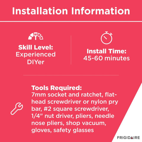 Installation information for Washer Coin Trap Tub To Pump Hose Replacement Black 134639910; 45-60 minutes, tools listed.