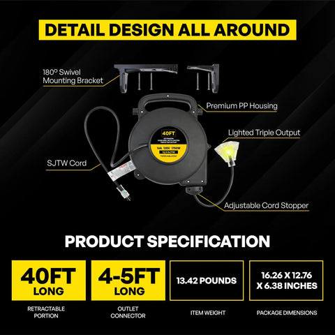 Detailed view showing Retractable Extension Cord Reel With Light Indicator 40 Ft Triple Outlet Wall Mounted UL Listed 14 Amp 125V 1750W