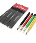 Scratch Brush Pen Set With Replacement Tips For Rust Corrosion Jewelry Circuit Boards And Auto Body Work All In One Go To 8 Piece Kit Featuring Brass Steel Nylon And Fiberglass Bristles And Flexible Length End Cap with color-coded pens.