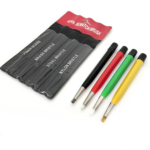 Scratch Brush Pen Set With Replacement Tips For Rust Corrosion Jewelry Circuit Boards And Auto Body Work All In One Go To 8 Piece Kit Featuring Brass Steel Nylon And Fiberglass Bristles And Flexible Length End Cap with color-coded pens.