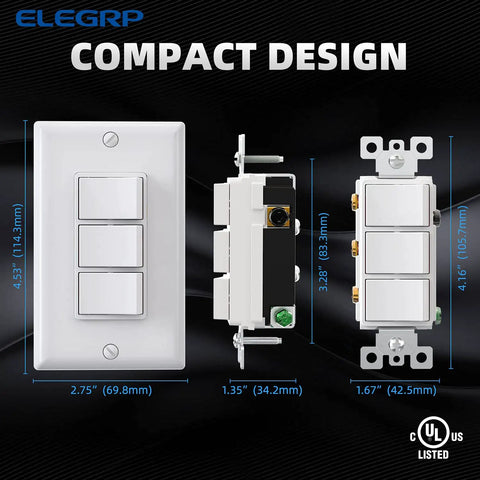 Dimensions of Three Paddle Decorator Rocker Light Switch For In Wall Installation 15A 120V UL Listed Glossy White Finish shown.