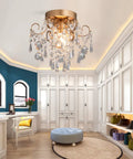 Mini Crystal Chandelier Flush Mount Ceiling Light With Gold Finish, Sparkling E26 Base Fixture in stylish room setting