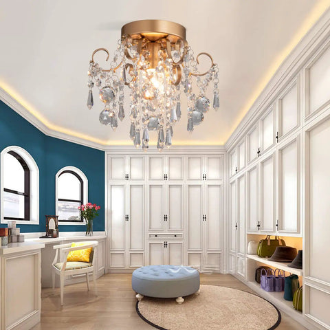 Mini Crystal Chandelier Flush Mount Ceiling Light With Gold Finish, Sparkling E26 Base Fixture in stylish room setting