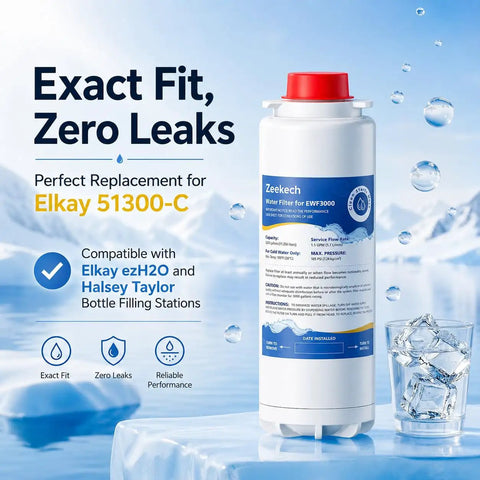Replacement Water Filter Compatible With 51300C EWF3000 EZH2O Bottle Filling Stations Easy Install Smart Chip ERF750 51299C 55898C 3000 Gallon Capacity 1 Pack Bundle shown in packaging with icy backdrop.