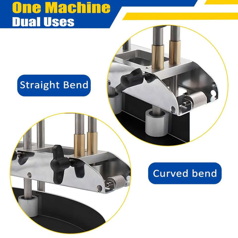 Close-up of Three Station Roller Metal Bender For Roofing, showing straight and curved bend capabilities, focus on adjustable radius