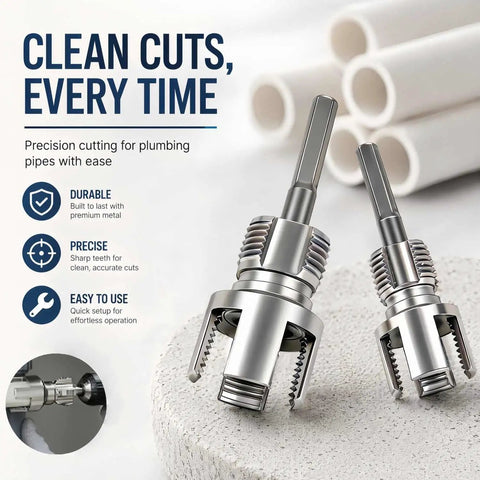 Heavy Duty Dual Function Pvc Pipe Threader Kit With 1 2 And 3 4 Inch Dies For Internal External Threading Compatible With Electric Drill showing sharp cutting heads.