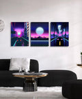 Room displaying Neon Cyberpunk City Wall Art Set, 3 Panels, 12x16 Inches, Teen Boy Room Decor, cars in neon suburbs, retro 80s landscape