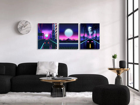 Room displaying Neon Cyberpunk City Wall Art Set, 3 Panels, 12x16 Inches, Teen Boy Room Decor, cars in neon suburbs, retro 80s landscape