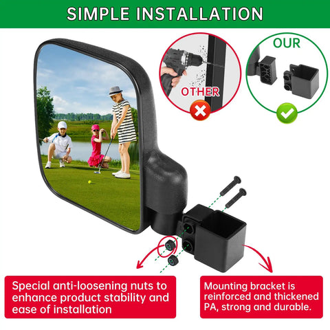 Heavy Duty Golf Cart Mirrors For Square Tube Roll Cages showing a side mirror with installation features, ABS housing and clear visibility.