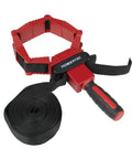 Badass Two Pack Strap Band Clamps With Quick Release Levers And Ergonomic Handles For Woodworking Cabinets Drawers and Irregular Pieces. Black nylon strap visible.