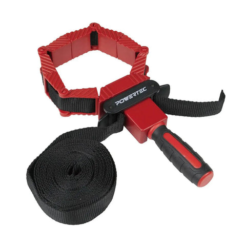 Badass Two Pack Strap Band Clamps With Quick Release Levers And Ergonomic Handles For Woodworking Cabinets Drawers and Irregular Pieces. Black nylon strap visible.