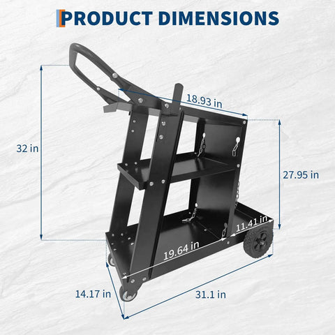 Dimensions of Heavy Duty 3 Tier Rolling Welder Cart With Tank Storage And Gas Cylinder Slots, 32x31.1x14.17 inches, Black