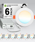 6-pack LED round wafer recessed mini panel with J-box, shown with glowing light, suitable for residential lighting.