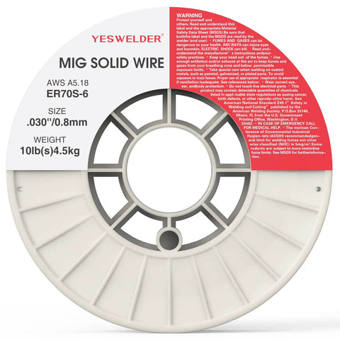 ER70S-6 MIG Welding Wire.030 In 10 Lb Solid Carbon Steel On A Durable ABS Plastic Spool with visible label details and specifications
