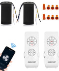 WiFi Universal Ceiling Fan Light Remote Control Kit With Built In Mute And Timer No Fuss App Control Alexa Compatible Works With Most Regular Ceiling Fans Easy Install 2 Pack, showing remotes, receivers, and wire connectors.