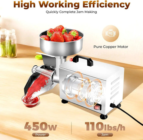 Premium 450W Electric Tomato Strainer Commercial Sauce Maker processing strawberries into jam with stainless steel housing.