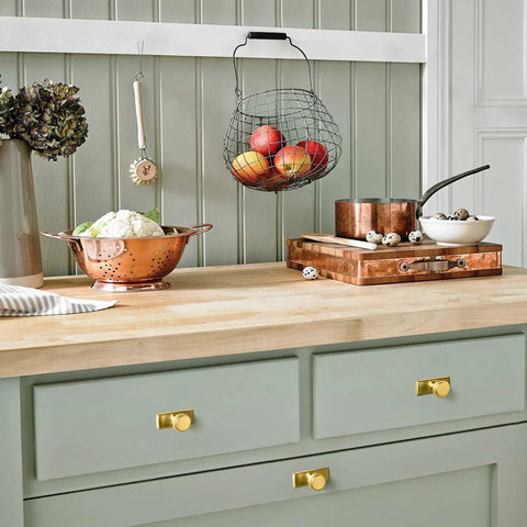 Brushed Gold Cabinet Knobs With Backplates, Zinc Alloy Kitchen Hardware, 6 Pack Single Hole Drawer Pulls on green cabinets