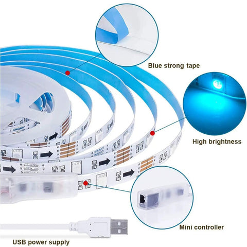 LED Strip Light Kit With Music Sync Sixteen Point Four Feet USB Powered Waterproof RGB 5050 Color Changing LED Strip close-up