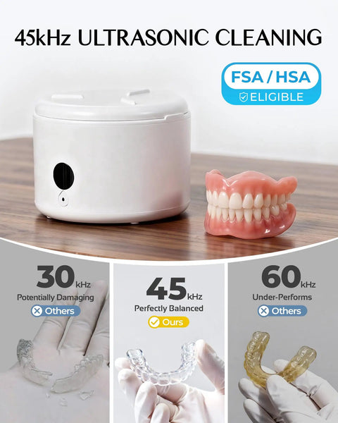 45kHz Ultrasonic Retainer Cleaner With UV Sterilization For Dental Appliances At Home FSA/HSA Eligible next to dental model.