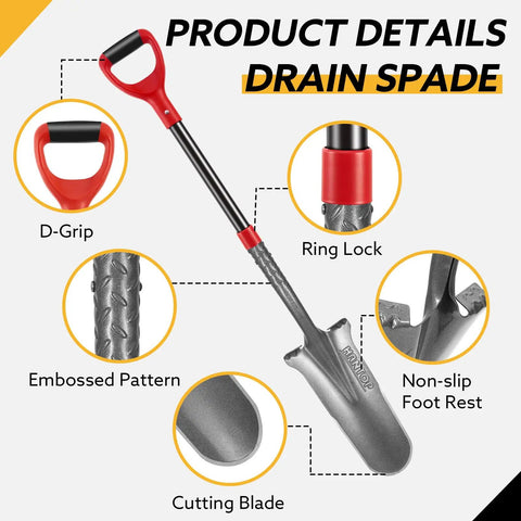 Close-up of Drain Spade With Fiberglass Handle For Gardening And Trenching Sharp Edge Shovel details including D-grip, ring lock, and cutting blade.