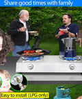2 Burner Propane Stove With Auto Ignition 26000 BTU Stainless Steel Outdoor Cooker with family grilling meats and vegetables