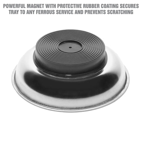 Magnetic dish from Three Piece Magnetic Tray And Pick Up Tool Set with protective rubber coating for garage use.