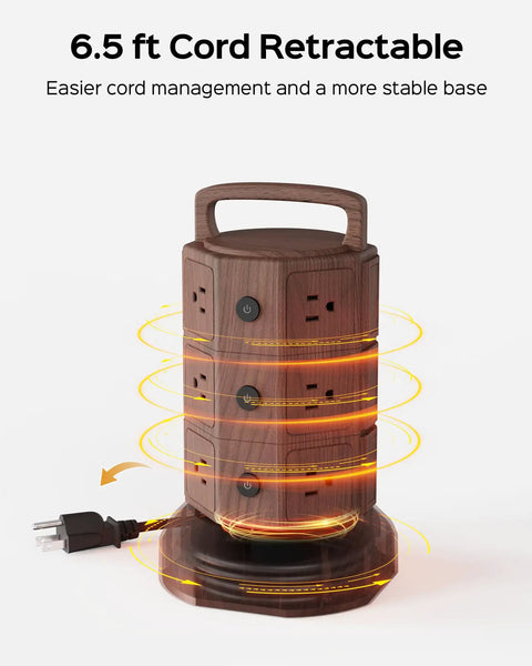 Power Strip Tower With 12 AC Outlets And 6 USB Ports, 6.5ft extension cord, vertical design, energy-saving switches shown
