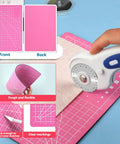 Close-up of 45mm Rotary Cutter Set With Five Replacement Blades And An A5 Cutting Mat For Fabric Crafting And Sewing in use