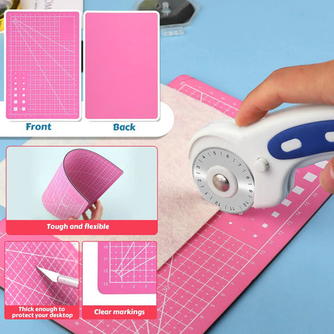 Close-up of 45mm Rotary Cutter Set With Five Replacement Blades And An A5 Cutting Mat For Fabric Crafting And Sewing in use